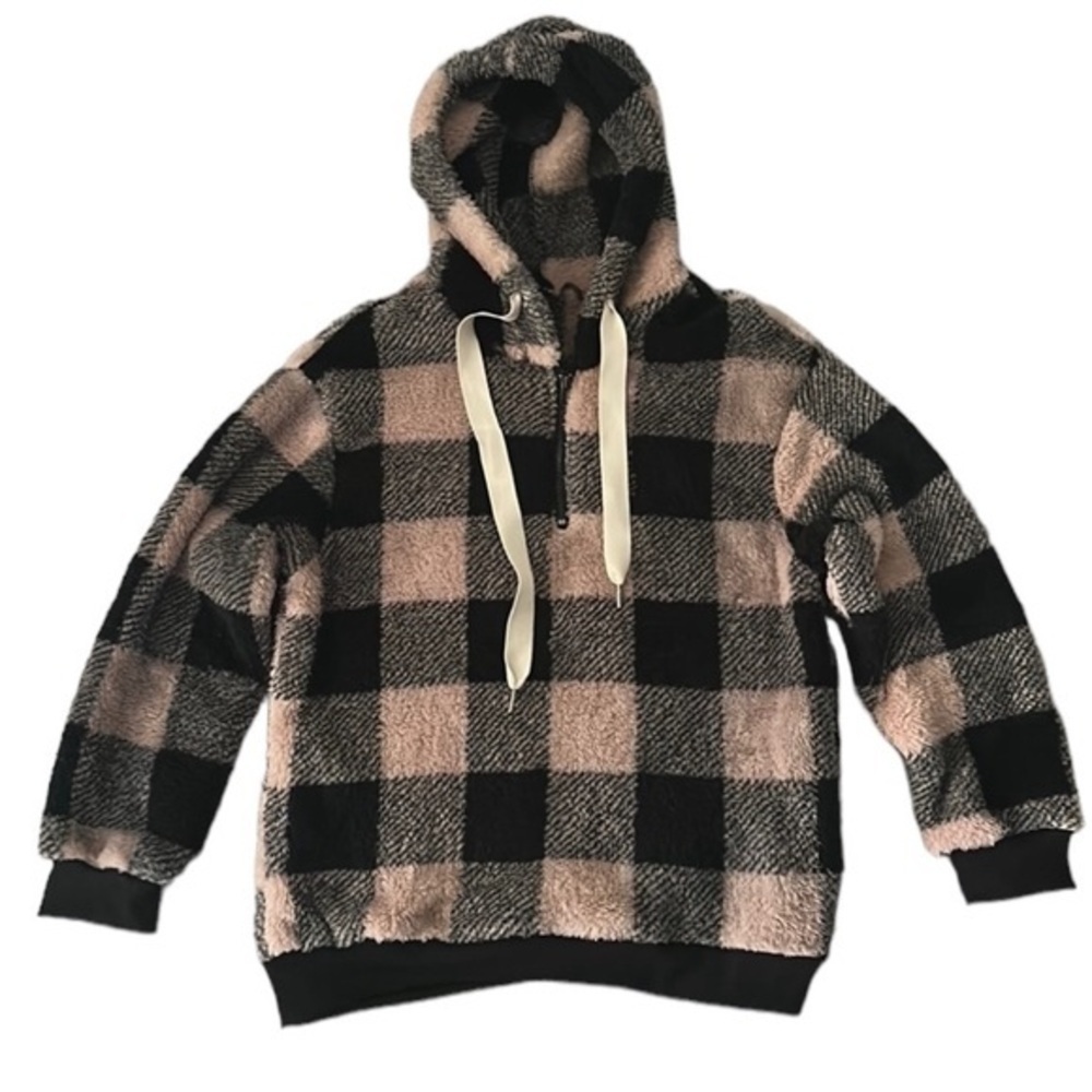 Women’s Pullover Sweatshirt Hoody Soft Fuzzy Sherpa Brown Black Medium